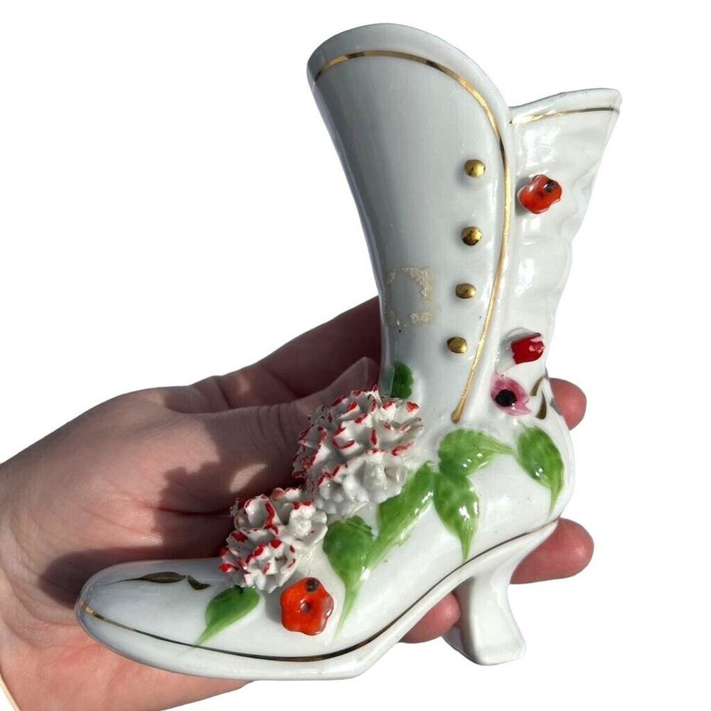 Vtg Porcelain Victorian Boot Vase Floral Shoe Figurine White Gold Japan Style